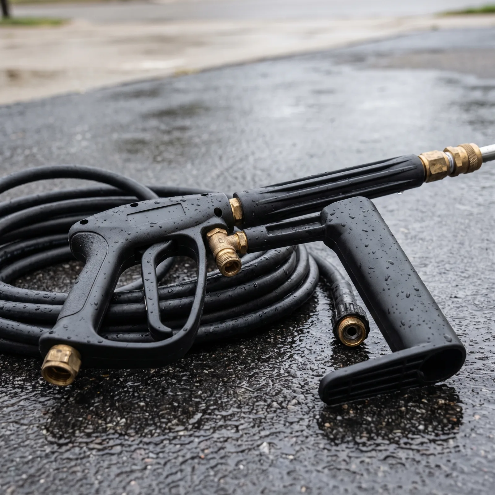 Professional pressure-washing wand and coiled hose set out on a driveway
