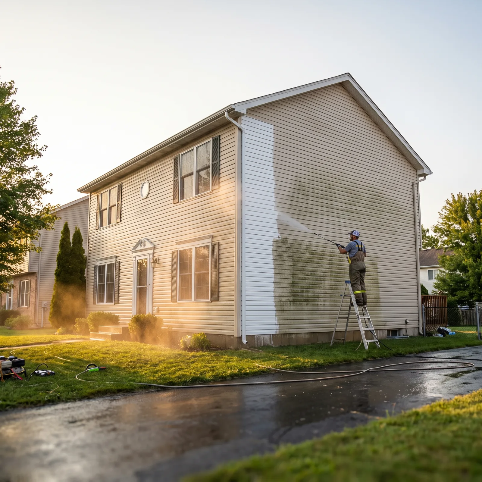 A worker pressure-washing mildew-streaked vinyl siding on a two-story house, with one section already clean and bright