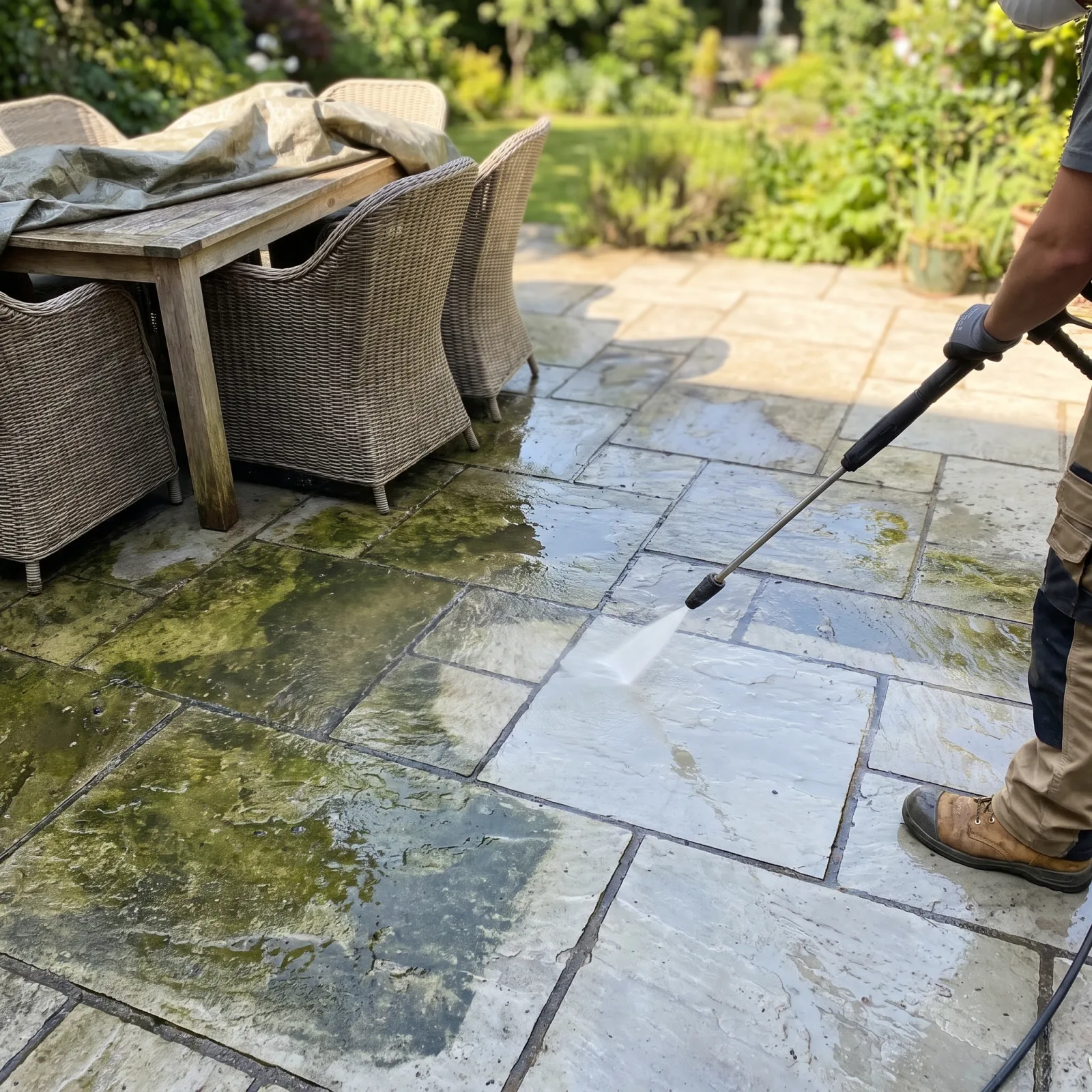A stone paver patio being pressure-washed clean next to moss-stained pavers