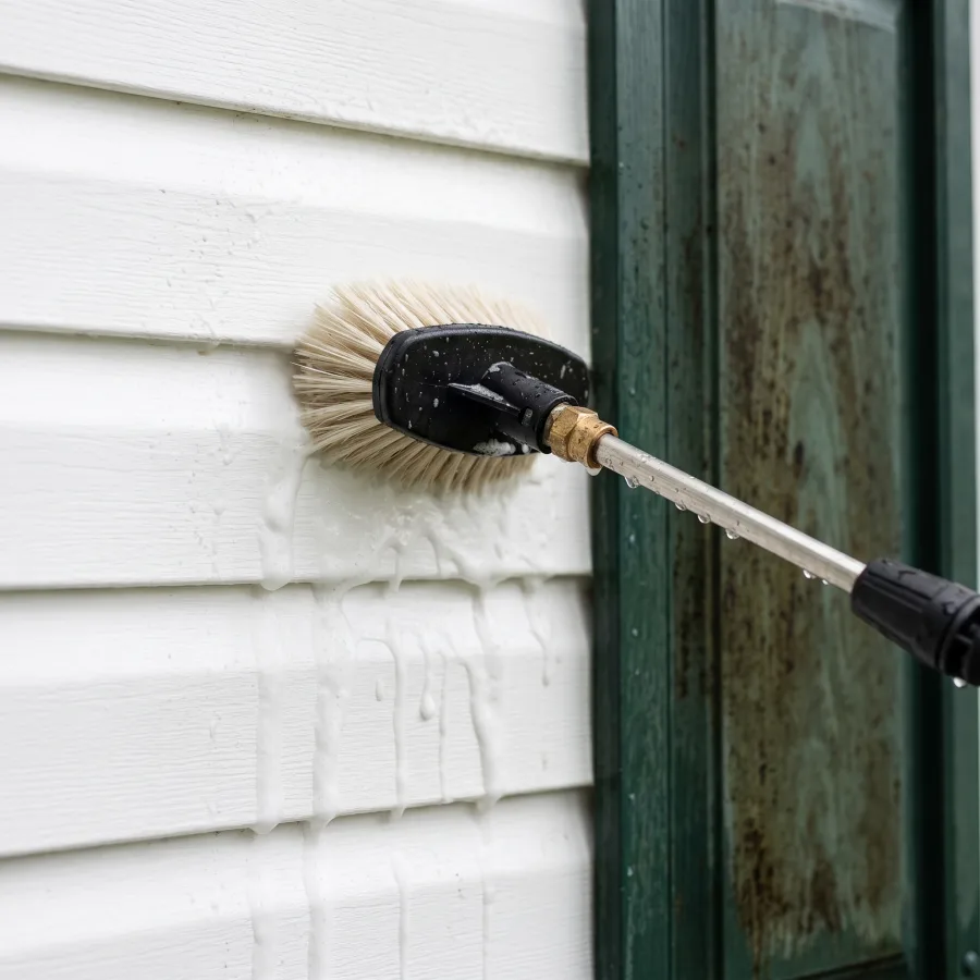 Close-up of a soft-washing brush rinsing mildew-streaked siding, with foam cleaning solution running down the clean panel